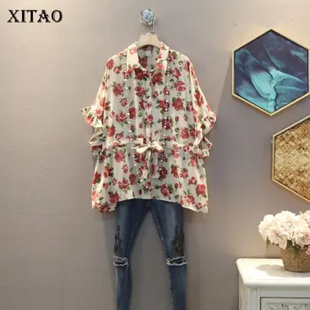 

XITAO Print Pattern Blouse Fashion New Women Pullover 2020 Summer Single Breast Goddess Fan Chiffon Bow Minority Shirt XJ4748