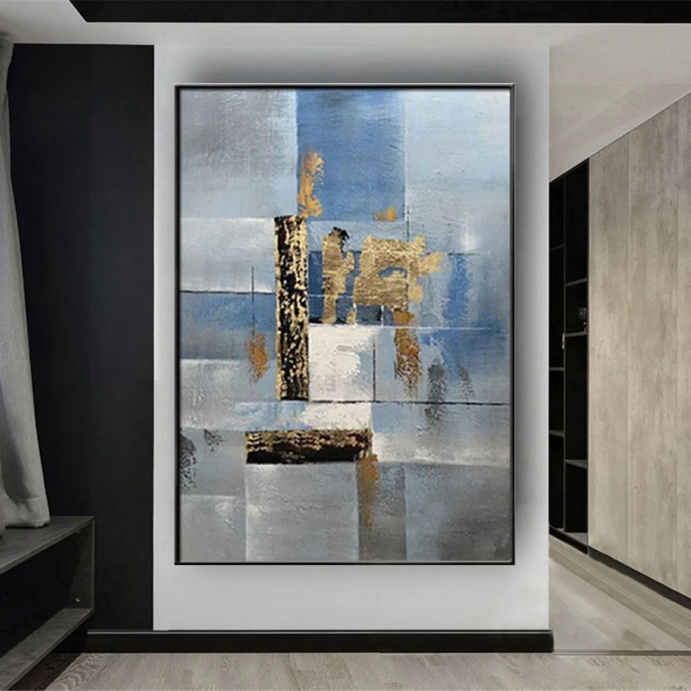 

Hand Painted Oil Painting Abstract Canvas Paintings Modern Blue And Golden Contour Map Wall Art For Home Decoration Mural Gift