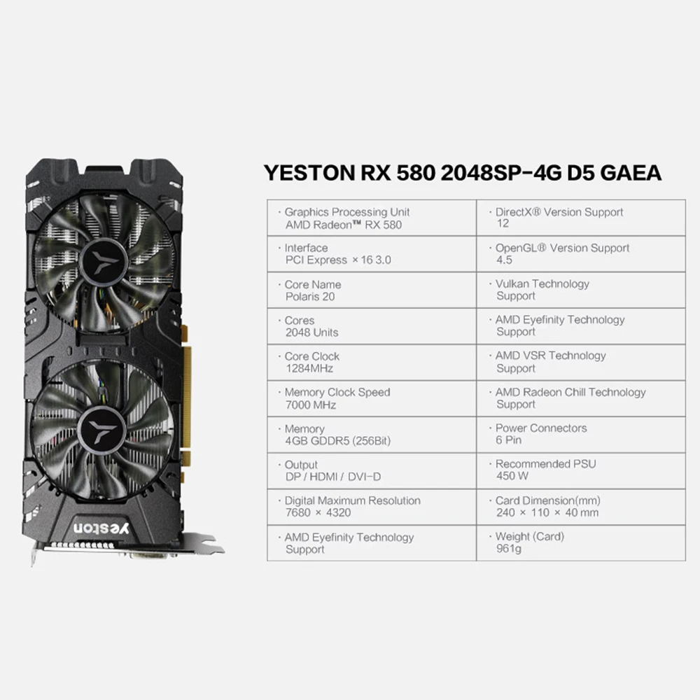 Видеокарта Yeston Radeon RX 580 GPU 4 ГБ GDDR5 256 бит для игрового компьютера ПК видеокарты с