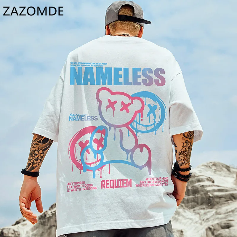 ZAZOMDE Print Oversized Men T Shirt Hip-Hop Cotton T-shirt O-neck Summer Streetwear Male Causal Tshirts 5XL Fashion Loose Tees | Мужская