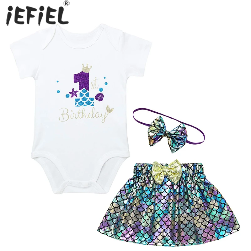 baby dress and set Baby Girl Princess Clothes Set Mermaid 1st Birthday Party Outfit Shell Romper Sequins Fish Scales Dress Bowknot Headband Costume baby's complete set of clothing