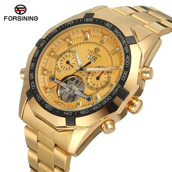 

Custom FORSINING Male Luxury Gold Automatic Stainless Steel Bracelet Watches Men Tourbillion Men's Gold Stainless Steel Clock