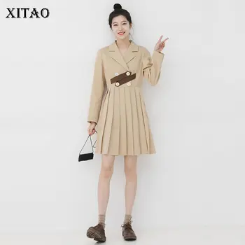 

XITAO Spring 2020 New Splice Pleated Dresses Elegant Suit Collar Long Sleeve Dress Women Fashion Wild Women Clothes DMY3118
