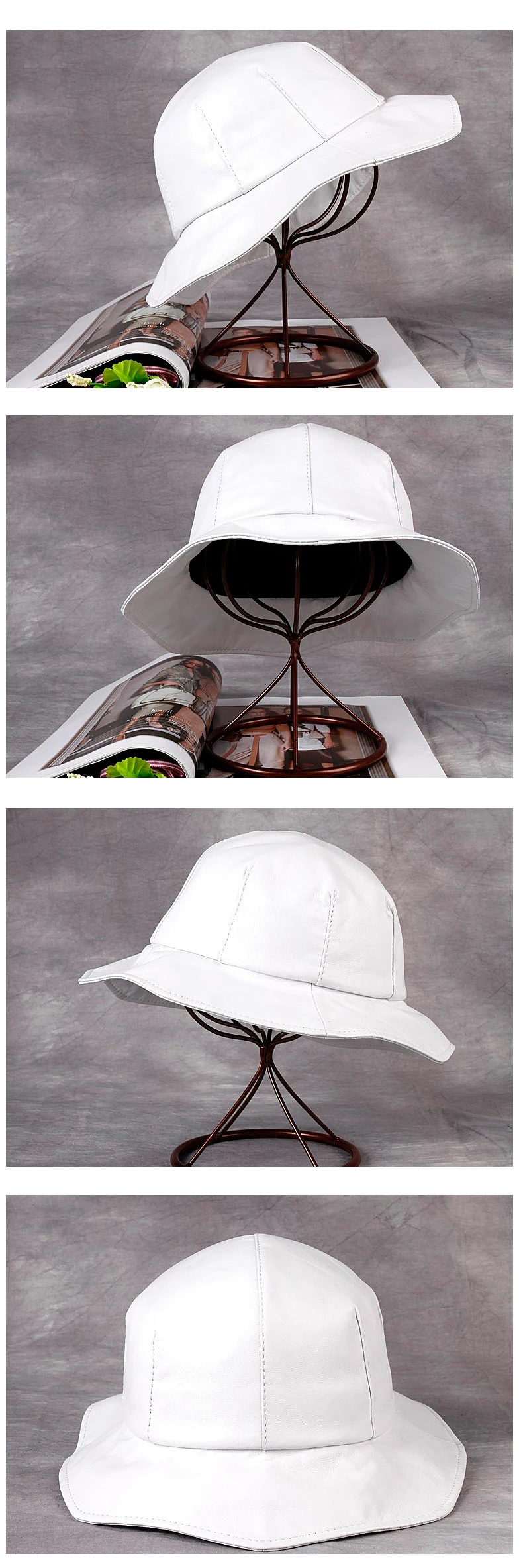 Waliicorners British Bud Shape Big Brim Basin Caps White Fisherman Top Fedoras Genuine Leather Hat For Women 16 描述9