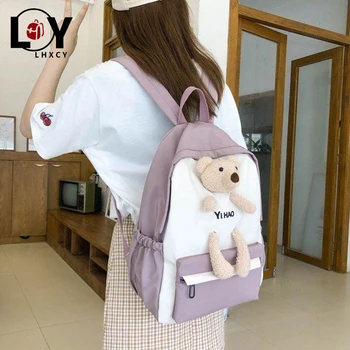 

Fashion Panelled Embedded Bear School Backpacks Kawaii School Bags For Girls Nylon Book Bag High Quality Splicing Designer Bags