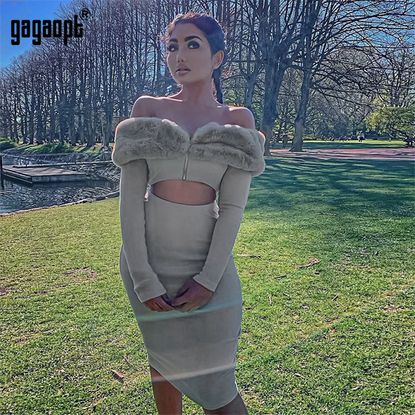Gagaopt, осенне-зимнее женское платье, комплект из 2 предметов, Сексуальные вечерние платья с длинным рукавом, вязаное платье, дамские наряды, платья