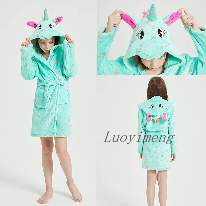 Winter Animal Bathrobe For Boys Girls Unicorn Hooded Robes Towel Beach Kids Sleepwear Children's Clothes Kids Pyjamas Nightgown