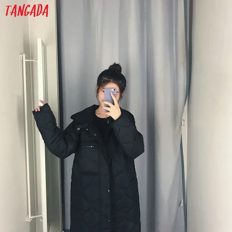 Tangada, женская черная куртка большого размера с длинным капюшоном, парка на кнопках, плотное Женское зимнее теплое пальто CE116
