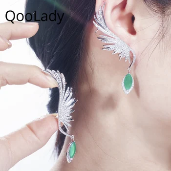 

QooLady Fashion Angel Wing Pave Full CZ Stone Green Leaf Marquise Dangle Drop Earrings Ear Cuff Star Costume Jewelry E073