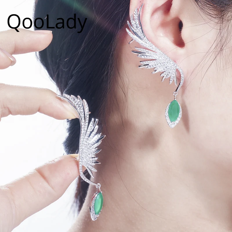 QooLady модные серьги капельки с крыльями ангела полностью проложенный CZ камень
