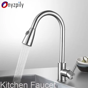 

Onyzpily Brushed Nickel Mixer Faucet Single Hole Pull Out Spout Kitchen Sink Mixer Tap Stream Sprayer Head Chrome/Black Kitchen