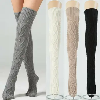

Women Warm Crochet Knitted Over Knee Cotton Stockings Winter Autumn Ladies Long Tight Stocking Womens Thigh Black White Gray