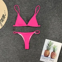 Неоновые розовые стринги бикини Женская одежда для плавания женский купальный костюм комплект бикини из двух частей ребристый купальный мини-костюм для плавания