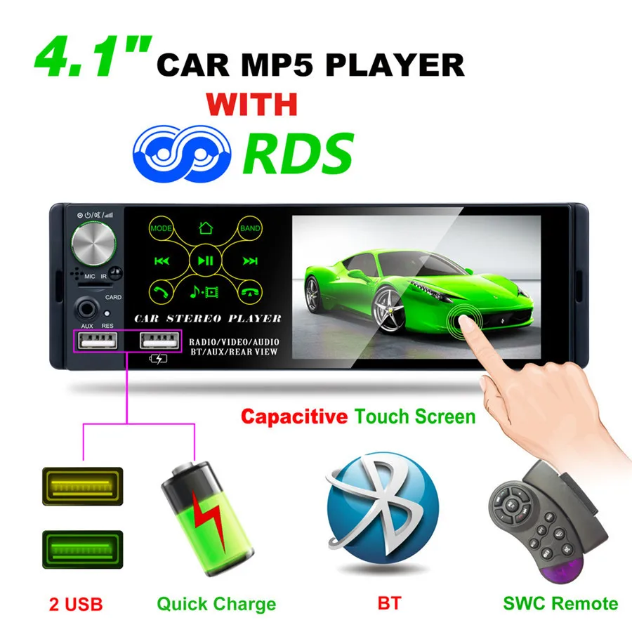 4," Автомобильный MP5 сенсорный экран Bluetooth Радио/Bluetooth плеер AM FM Радио RDS поддержка сабвуфера Micophone 8LED камера заднего вида