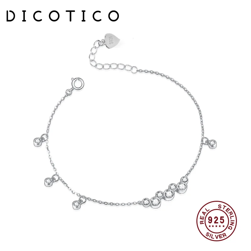 

DICOTICO 100% 925 Sterling Silver Round Cubic Zircon Heart Link Chain Bracelets For Women Mujer Esposas Fine Jewelry KFB946-T