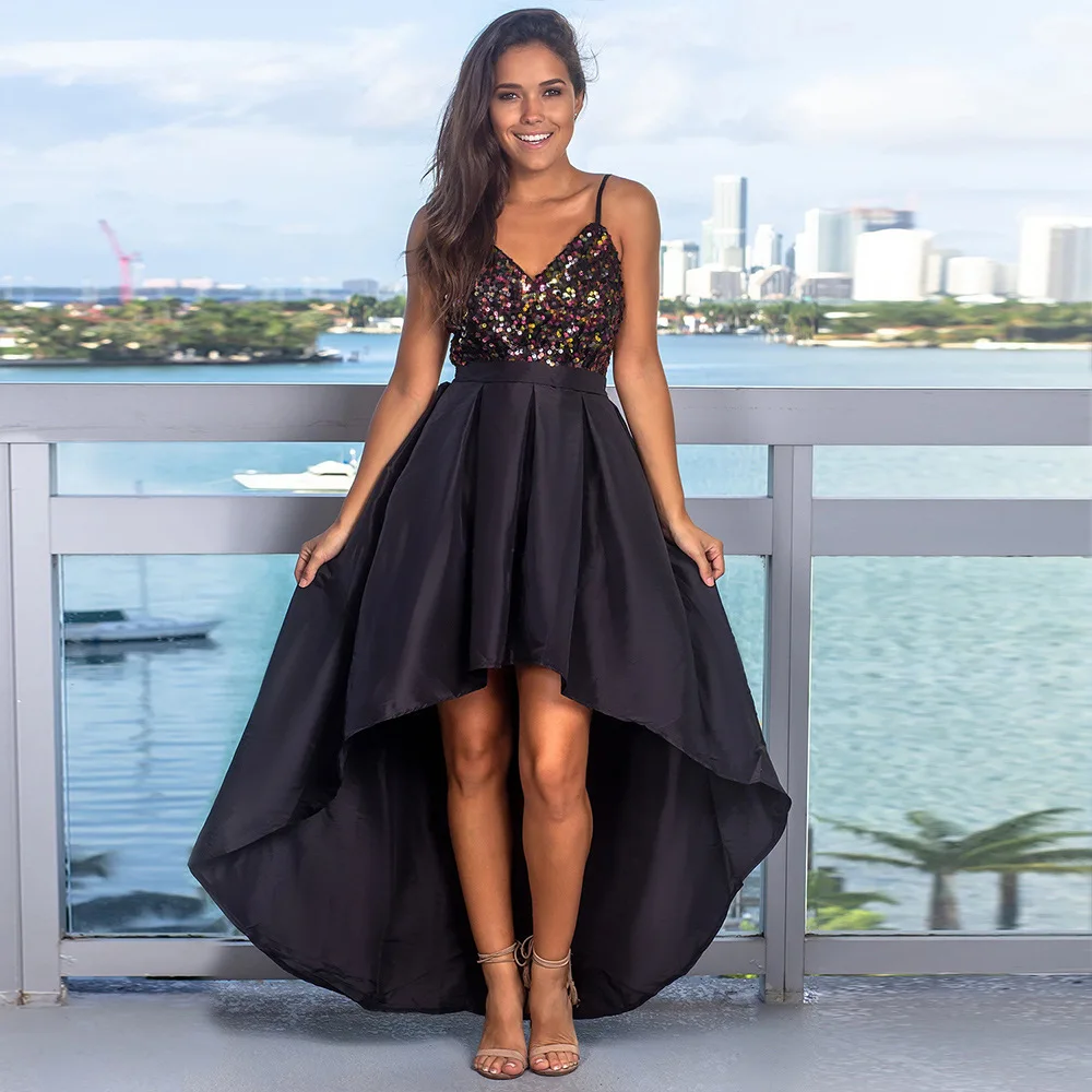 Sexy Prom Dresses Sequined Asymmetrical Deep V-Neck Spaghetti Straps Backless Sparkle Evening Party Gowns Vestidos De Gala 2020