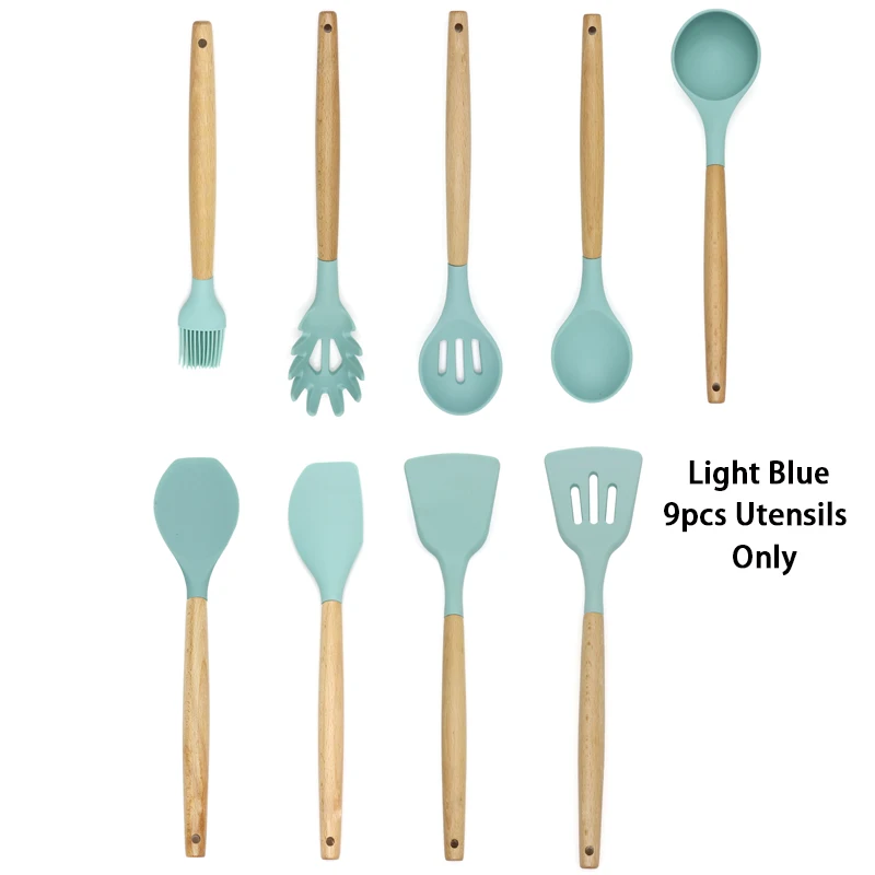 9 pcs blue HIKUUI Набор посуды набор кухонной посуды из пищевого силикона с деревянной ручкой кухонные инструменты лопатка Тернер ковш кухонные принадлежности - Цвет: 9 pcs blue