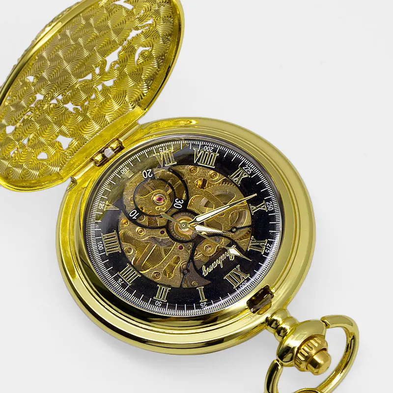 5pcs Luxury Golden Dragon Laser Engraved Mechanical Pocket Watch Animal Necklace Hand Winding Fob Watches for Men Women PJX1381