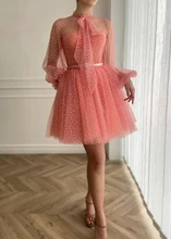 

Pink Moroccan Prom Dresses A-line Long Sleeves Short Mini Tulle Sequins Sparkle Robe De Soiree Prom Gown Evening Dresses