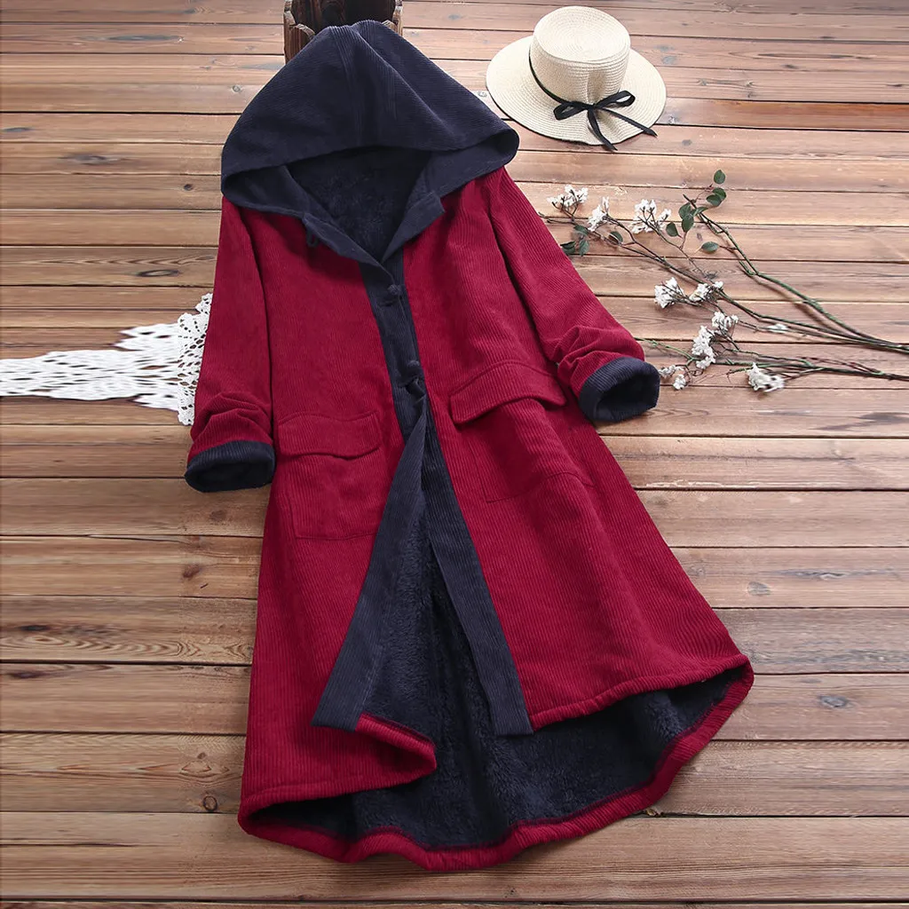 

Vintage Women Long Coat Chunky Quilted Fleece Corduroy Female Jacket Winter Warm Long Sleeve Casual Patch Hooded Coat Jackets#24