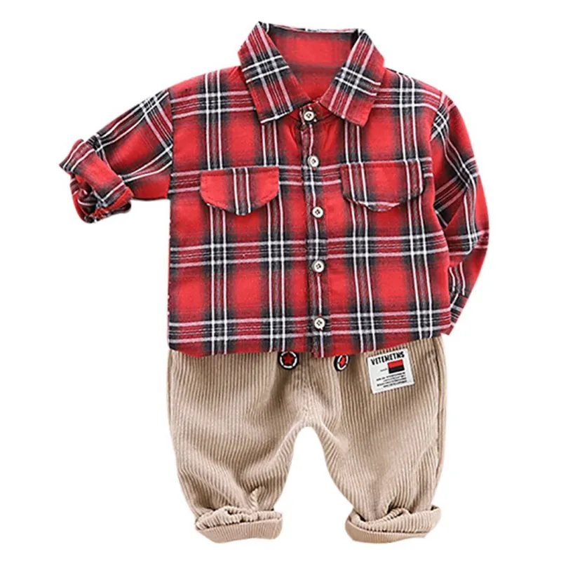 

Baby Boys Clothes 2pcs Autumn children clothing Casual Long Sleeve Plaid Print Shirt Tops+Pants Trouser Set