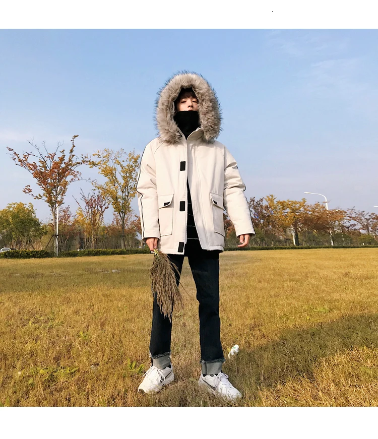 Winter Coat Men Warm Thick Fashion Parka Men Solid Color Casual Fur Collar Hooded Coat Man Wild Cotton Tooling Jacket Male