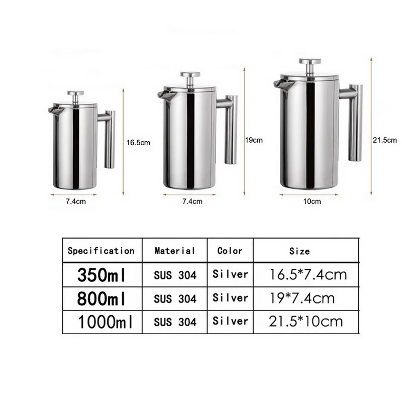 350/800/1000 мл Френч-пресс для приготовления кофе Нержавеющая сталь с двойными стенками кафе Tiere утепленная Кофе заварочный чайник