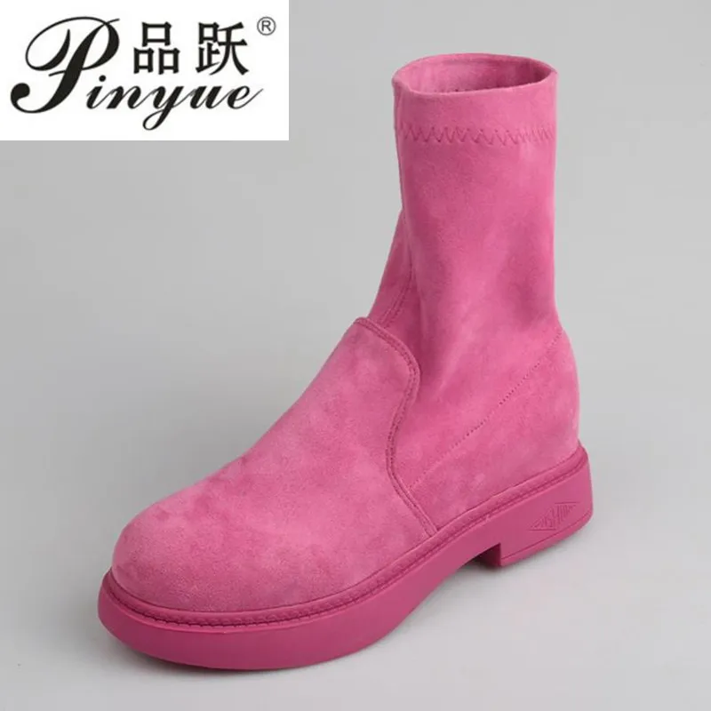 

Spring Women's Shoes Candy 5 Colors Suede+Stretch Fabric Round Toe Fashion Female Boots Slip-On Locomotive Boots