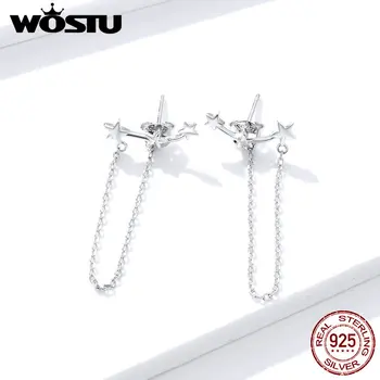 

WOSTU Long Link Stars Chain Drop Earrings 100% 925 Sterling Silver Wedding Dangle Earrings For Women Luxury Jewelry FNE361