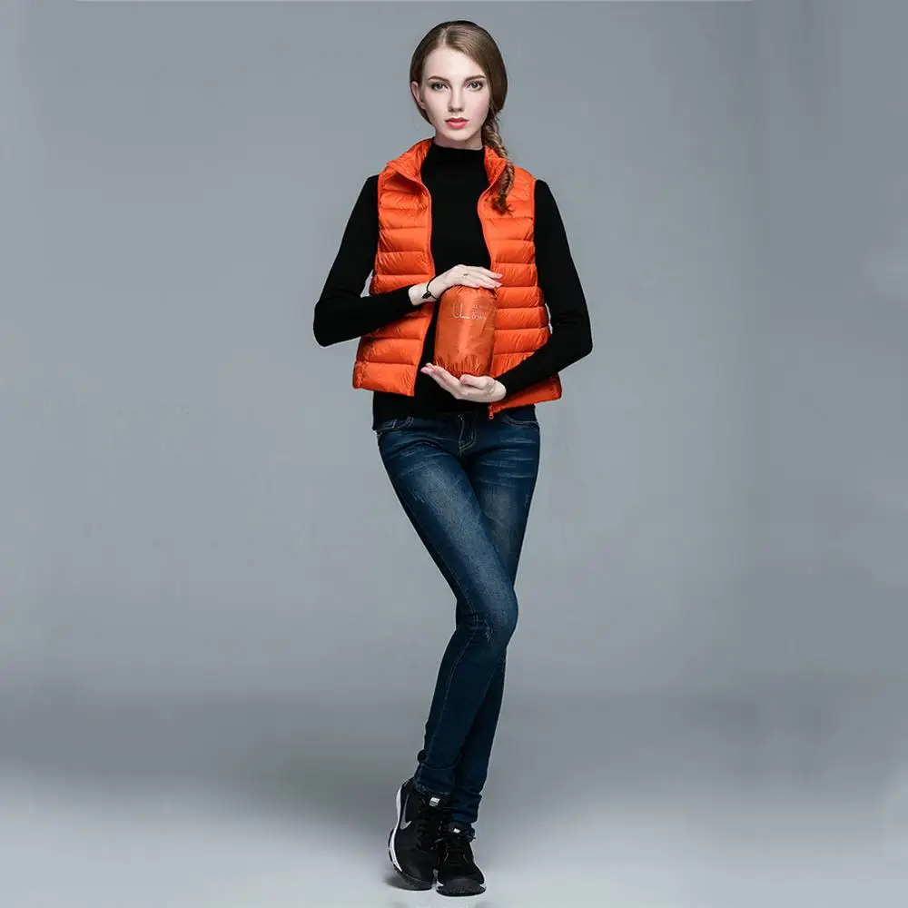 Orange Vogue, Женская куртка без рукавов, пальто, зима, ультралегкий, 91% белый утиный пух, жилет, тонкий жилет, женский, ветрозащитный, зимний, теплый жилет - Цвет: Orange