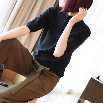 

Pullover Sweater One Pocket Knitted Autumn Half Sleeve Sweater Female Korean Loose Semi-high Collar Base Shirt