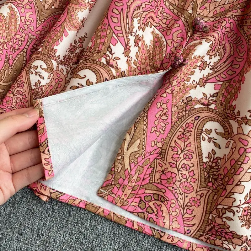Court style dress retro printed Lantern Sleeve loose short waist show thin temperament V-neck small dress dress