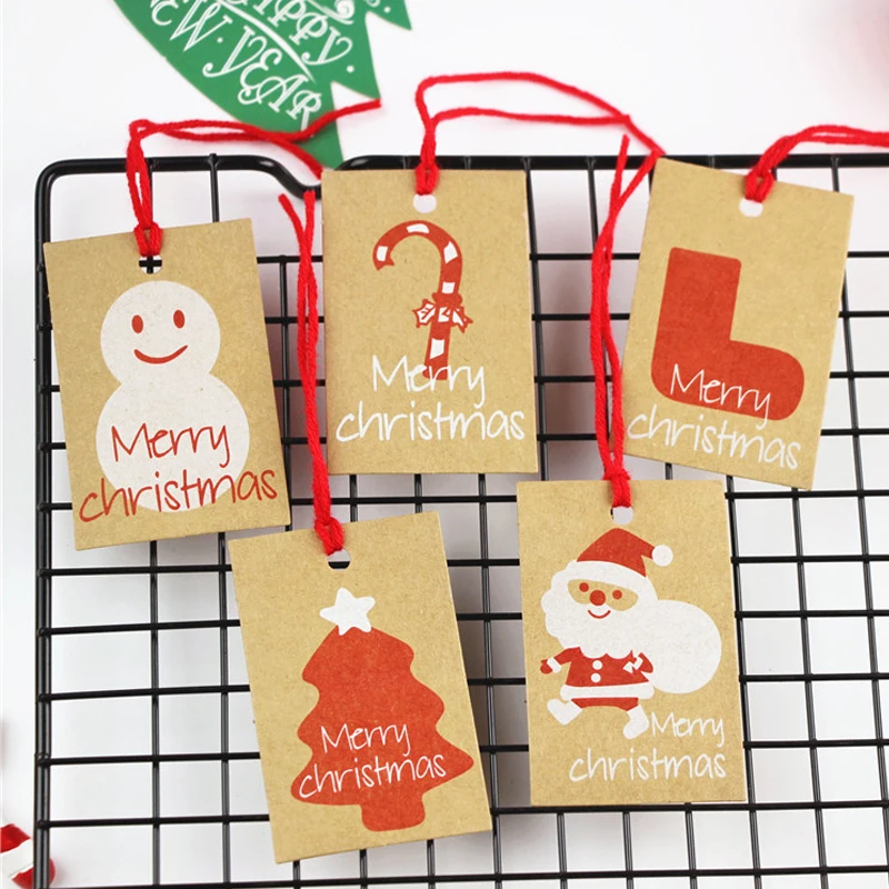 

50PCS Christmas Tags Santa Claus Snowflake Paper Tag Wrap Kraft Card Christmas Tree Decoration DIY Candy Gift Bag Label