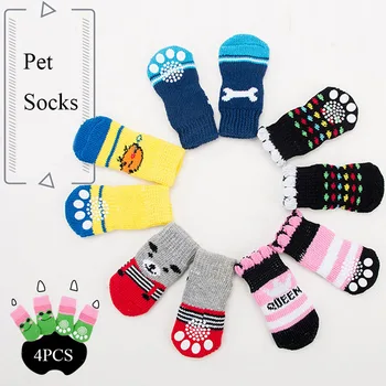 

4pcs Warm Puppy Dog Socks Shoes Soft Pet Knits Sock Cute Cartoon Anti Slip Skid Socks For Small Medium Dogs Pet Supplies S/M/L