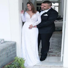 Модное кружевное свадебное платье с v-образным вырезом размера плюс 26 Вт, свадебное платье с длинными рукавами, vestido de noiva praia