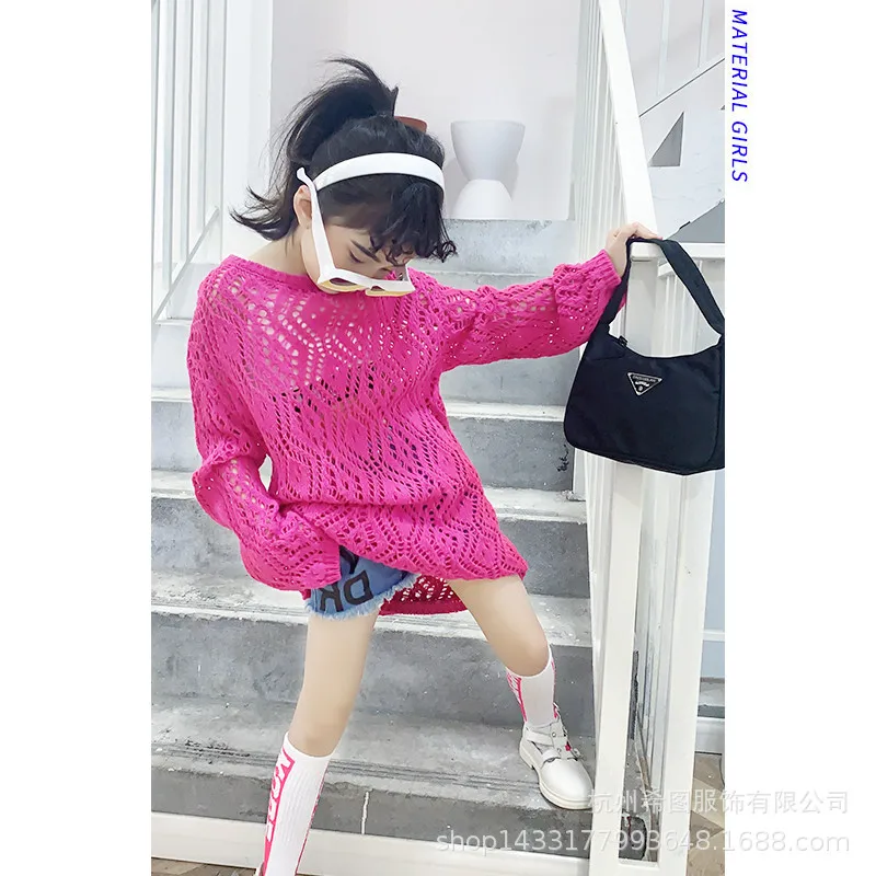 

2020 spring new children's clothing girls loose hollow knit sweater long air-conditioning shirt