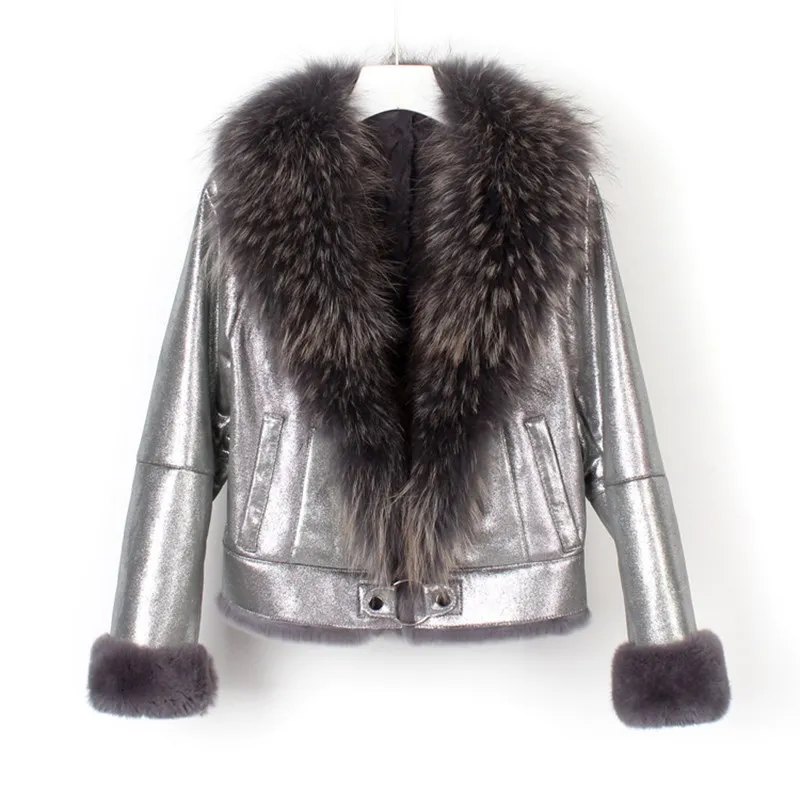 

winter new rabbit fur fur coat raccoon fur collar female short locomotive pearl shiny real fur coat2020