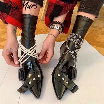 

The New Small heel Booties Female Retro Motorcycle boots Pointed Stretch boots Skinny boots Increase