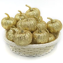 New 12pcs Glitter Golden Mini Artificial Pumpkins Foam Pumpkins Small Pumpkins Fake Foam Halloween Decorative Pumpkins