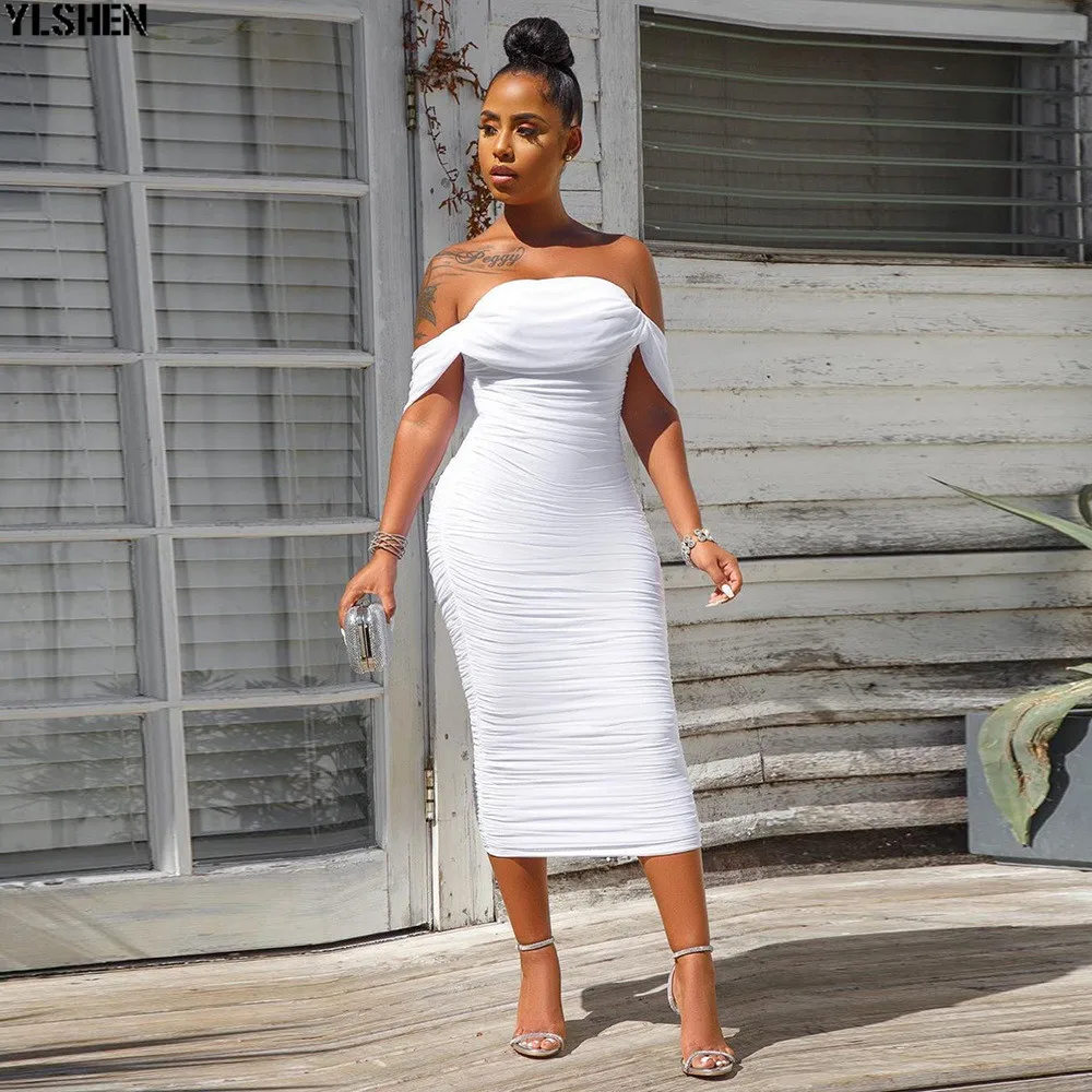 White Bodycon Africa Dress African Dresses for women Sexy Off-shoulder Fold Pencil Party Maxi Dress Evening Clothing for Lady 04