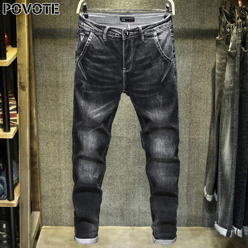 

POVOTE 2020 New black jeans SLIM STRAIGHT pants brand calf jeans elastic pants European and American style trend design