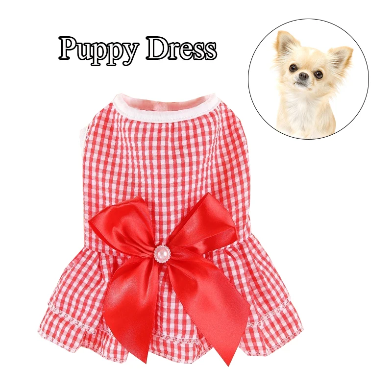 Cute Pet Skirts Sweet Bow Dog Skirts Lattice Dog Fancy Dress Princess