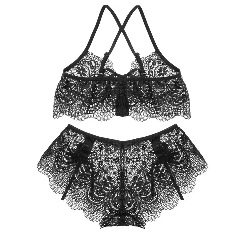 Ultrathin Lingerie Lace Bra Set Transparent G-string Sheer Unpadded Mesh Bralette Bra Sets Women Trim Straps Sexy Deep V Bras