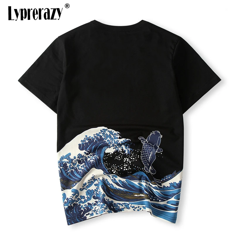 Lyprerazy Koi черные топы с принтом рыб летние футболки Harajuku хлопковая Футболка