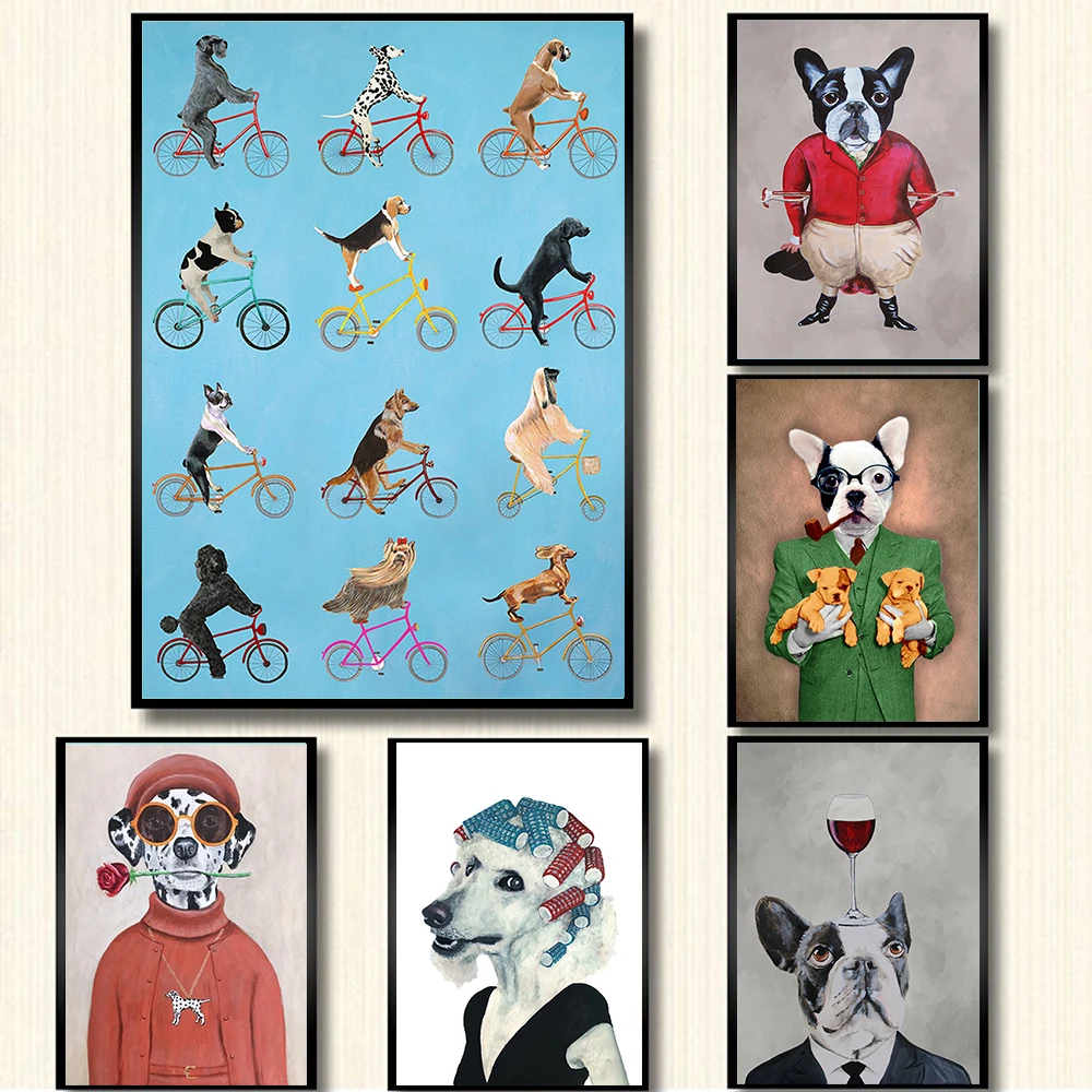 Настенный постер с забавными собаками на велосипеде рисунок холсте изображением