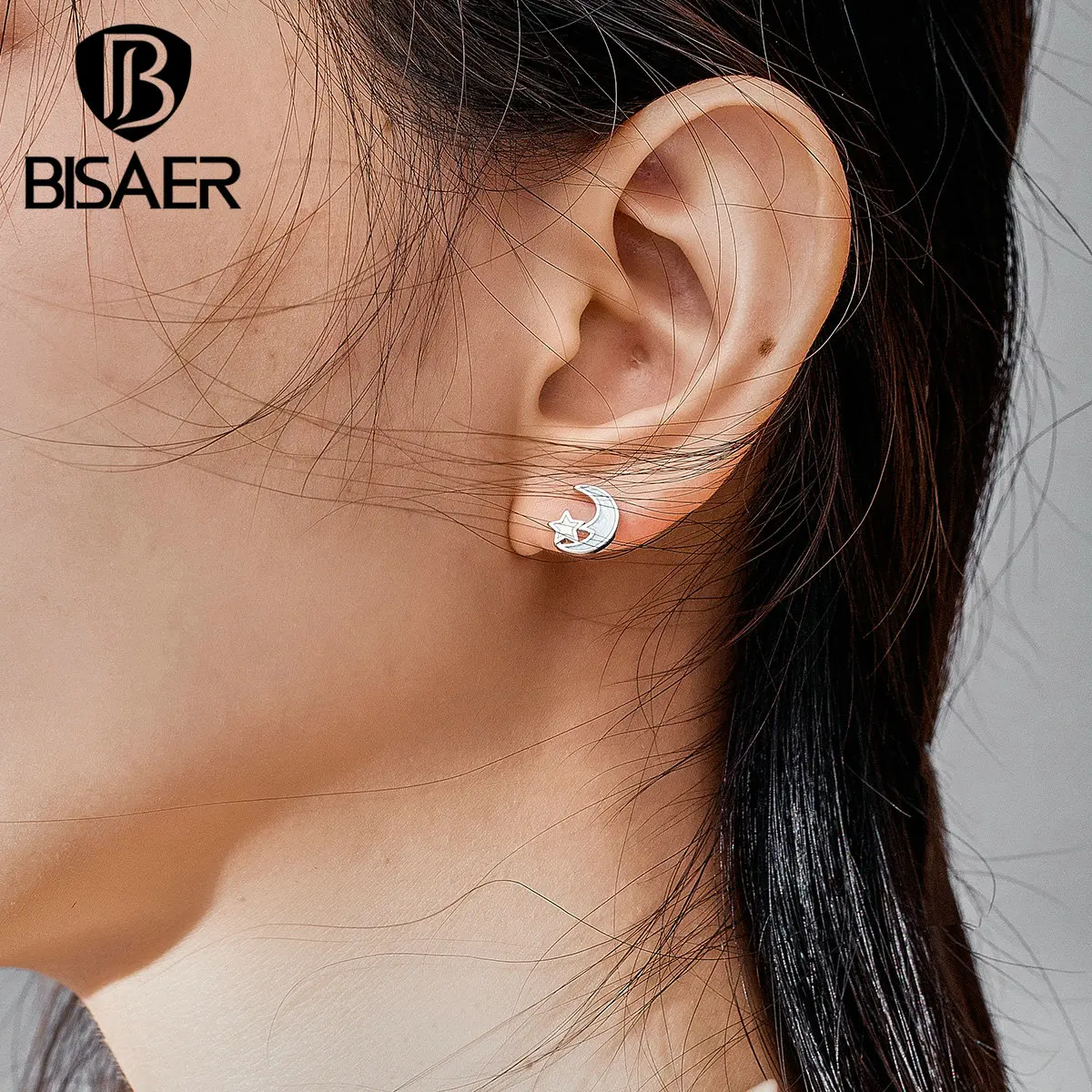 Moon Shape BISAER Authentic 925 Sterling Silver Moon& Star Small Stud Earrings for Women Silver Jewelry ECE792