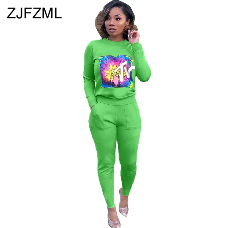 

Cartoon Pattern Two Piece Matching Sets Women Clothes 2019 Round Neck Long Sleeve Slim Tops and Pencil Pants Neon Causal Outfits
