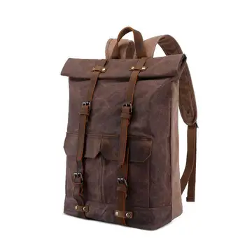 

Canvas bag crazy horse leather men's backpack men's travel school bag retro computer backpack waterproof rucksack Men Bag