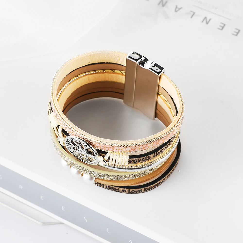 Leather Wrap Bracelet For Women Charm Pearl Magnet Buckle Bracelet Life of Tree Bohemian WYBU leather braided bracelet leather bracelet pearl leather bracelet charm bracelet