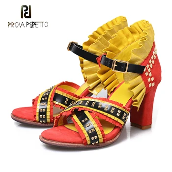 

Prova Perfetto Rivet Ruffles Design Women Sandals Fashion Mixed Color Genuine Leather Tassel Pleated Chunky Heel Summer Shoes